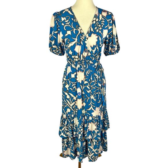 Knox Rose Blue Floral Boho Short Sleeve Tiered Hem Rayon Wrap Midi Dress Small - Picture 2 of 13